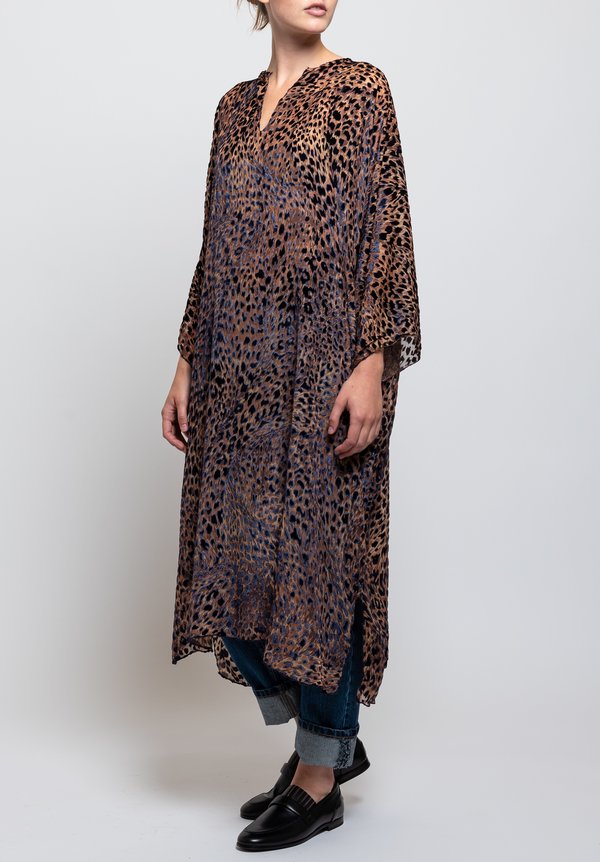 Shi Cashmere Devore Printed Kaftan Dress in Tigar/ Brown	