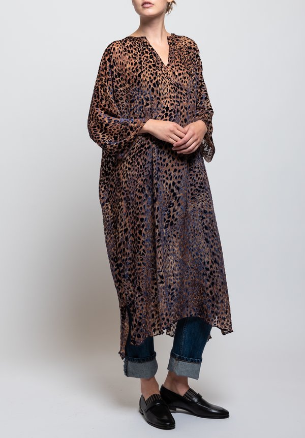 Shi Cashmere Devore Printed Kaftan Dress in Tigar/ Brown	