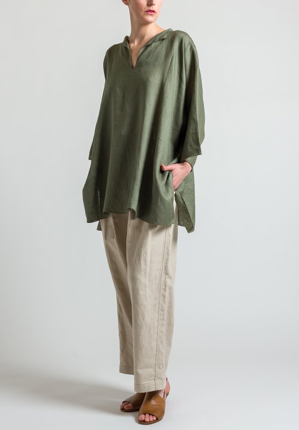 Shi Cashmere Long Linen Top in Military Green	