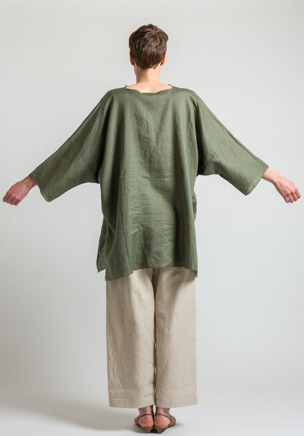 Shi Cashmere Long Linen Top in Military Green	