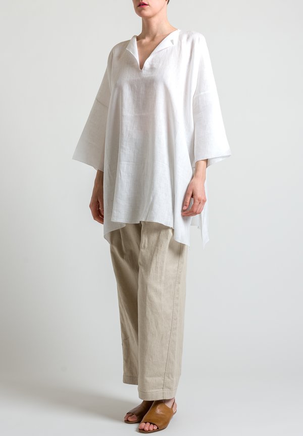 Shi Cashmere Long Linen Top in White	