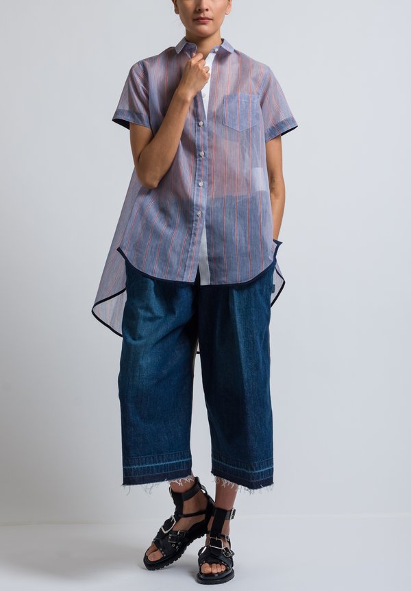 Sacai Organza Stripe High-Low Shirt in Blue	