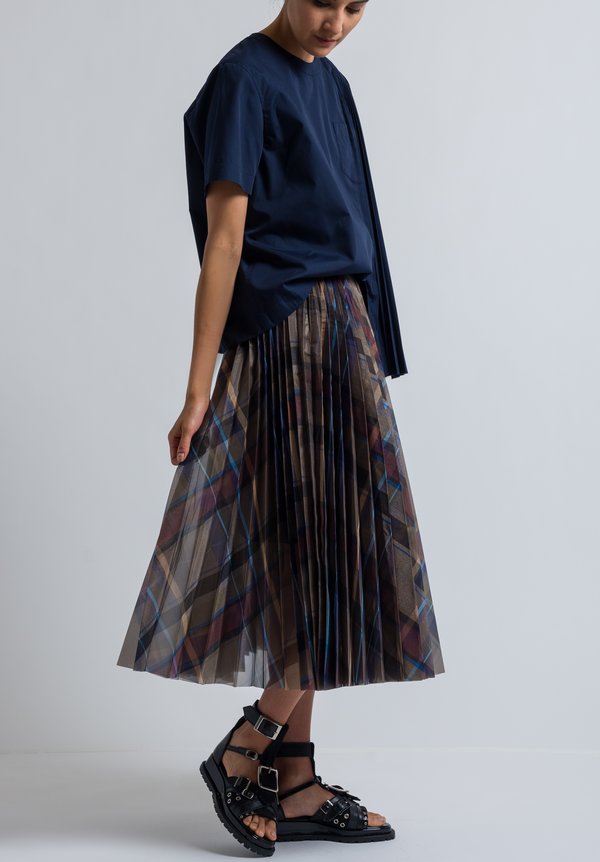 Sacai Pleated Check Wrap Skirt in Brown/ Blue	