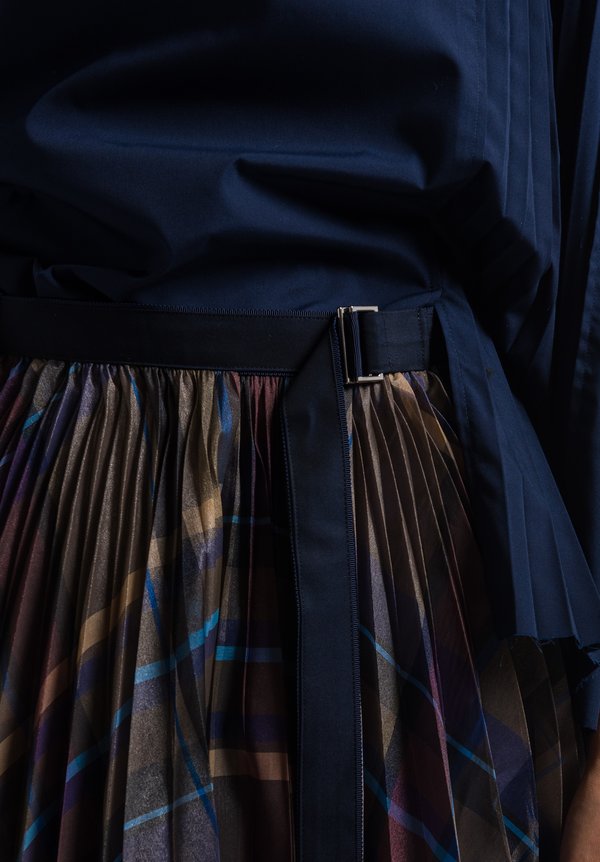 Sacai Pleated Check Wrap Skirt in Brown/ Blue	
