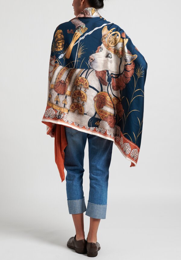 Sabina Savage Silk Twill and Cashmere Backed Spoonbill and Jindo Scarf in Indigo / Chilli	