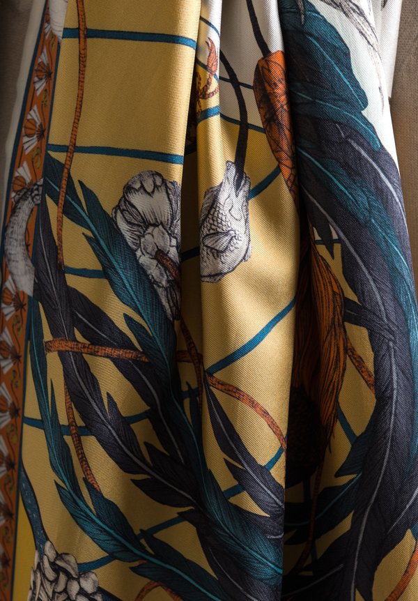 Sabina Savage Silk Twill and Cashmere Backed Rooster's Dance Scarf in Amber/ Sand	