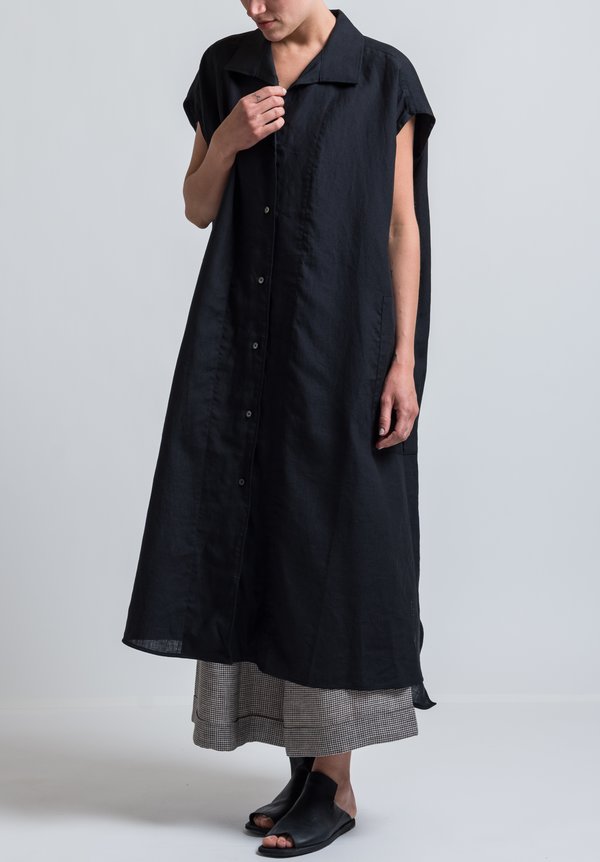 Ticca Linen Sleeveless Shirt Dress in Black	