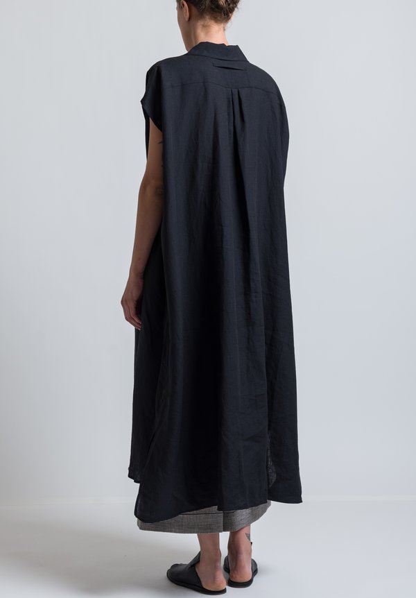 Ticca Linen Sleeveless Shirt Dress in Black	