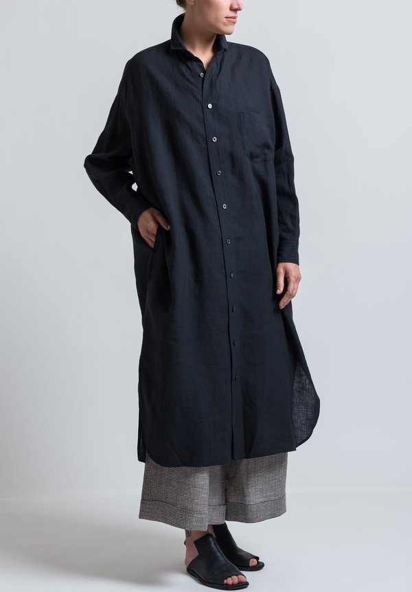 Ticca Linen Long Sleeve Shirt Dress in Black	