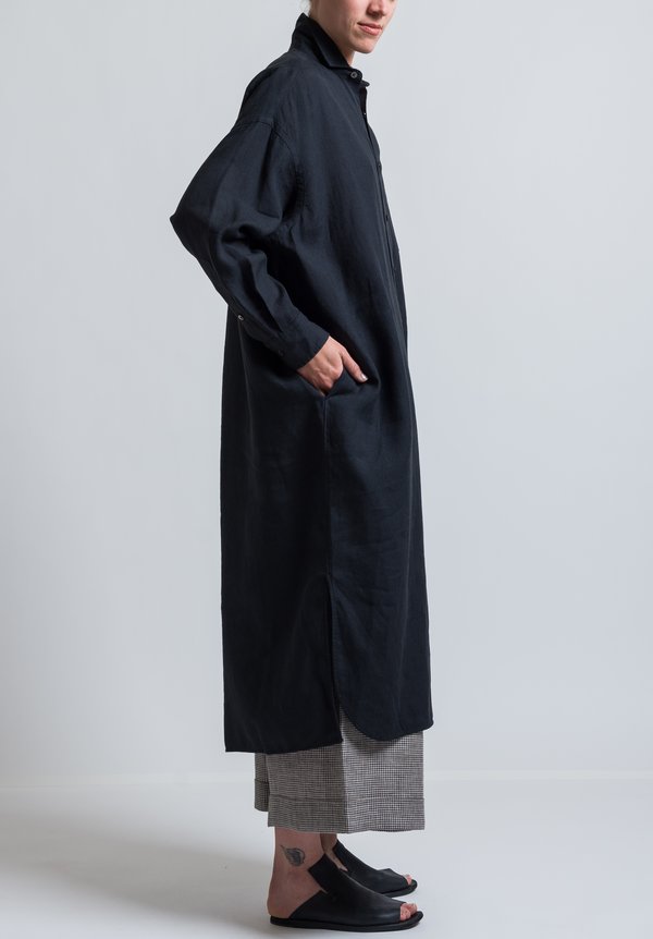 Ticca Linen Long Sleeve Shirt Dress in Black	