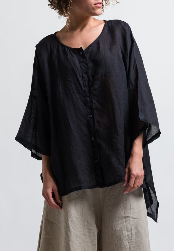 Gilda Midani Sheer Linen Solid Dyed Button-Down Super Shirt in Black	
