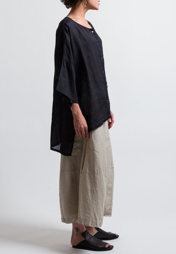 Gilda Midani Sheer Linen Solid Dyed Button-Down Super Shirt in Black	
