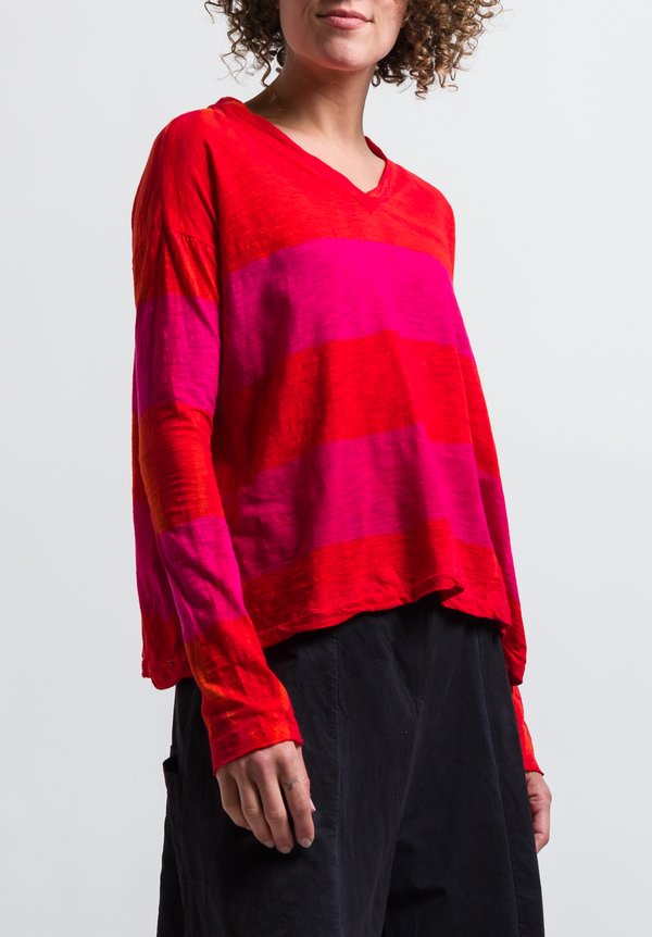 Gilda Midani Pattern Dyed Long Sleeve V-Neck Trapeze Tee in Stripes Orange & Pink	