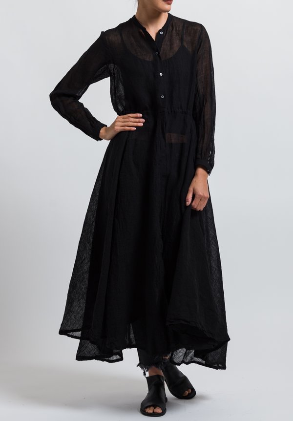 Kaval Linen Gauze Sheer Buttoned Dress in Black	