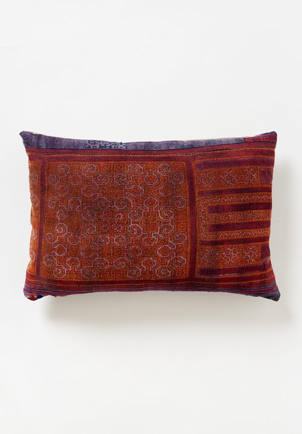Antique Hmong Lumbar Pillow in Red Swirls	