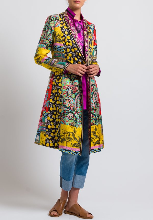 Etro Silk Twill Floral Multi-Print Coat in Yellow Multi	