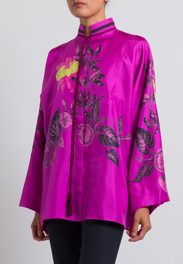 Etro Silk Twill Floral Mandarin Collar Top in Fuchsia	