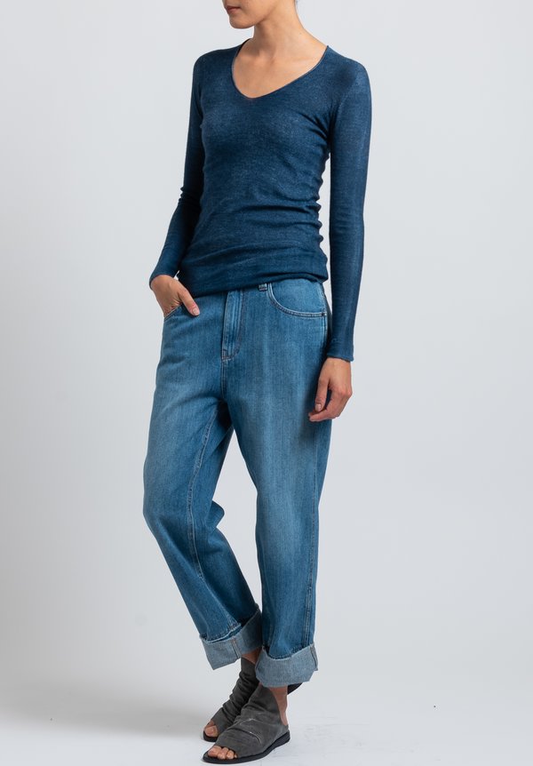 Avant Toi Hand-Painted V-Neck Sweater in Blue	