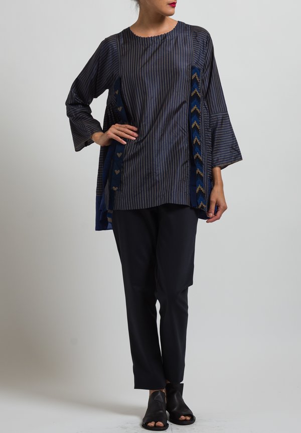 Péro Long Pencil Stripe Top with Ribbons in Blue/ Sand	