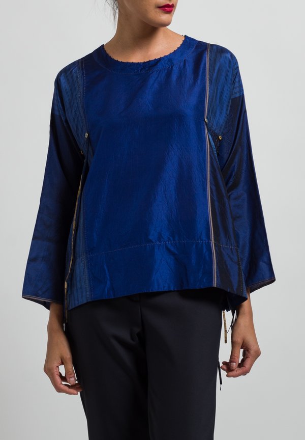 Péro Multi-Print Top with Ribbons in Cobalt/ Sand	