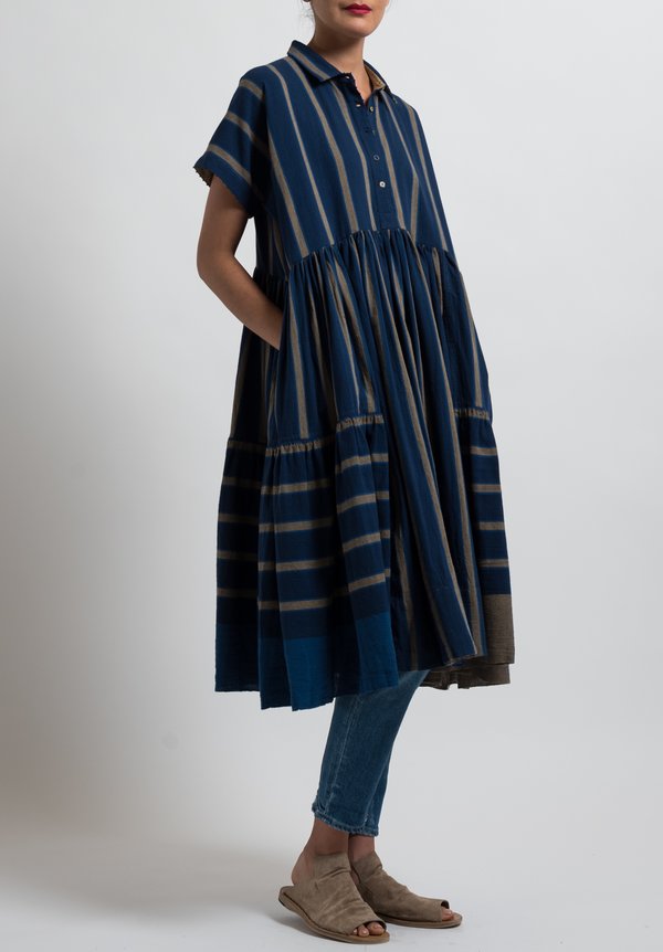 Péro Striped Frock Dress in Blue and Brown	