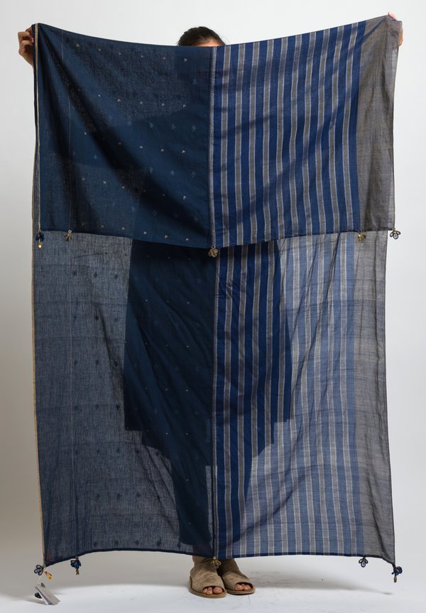 Péro Cotton Striped and Dotted Rectangle Lungi Scarf in Blue / Sand	