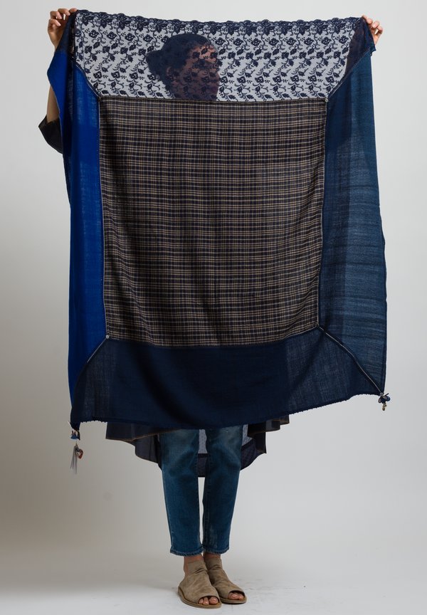 Pero Plaid and Lace Rumal Scarf in Navy / Sand	