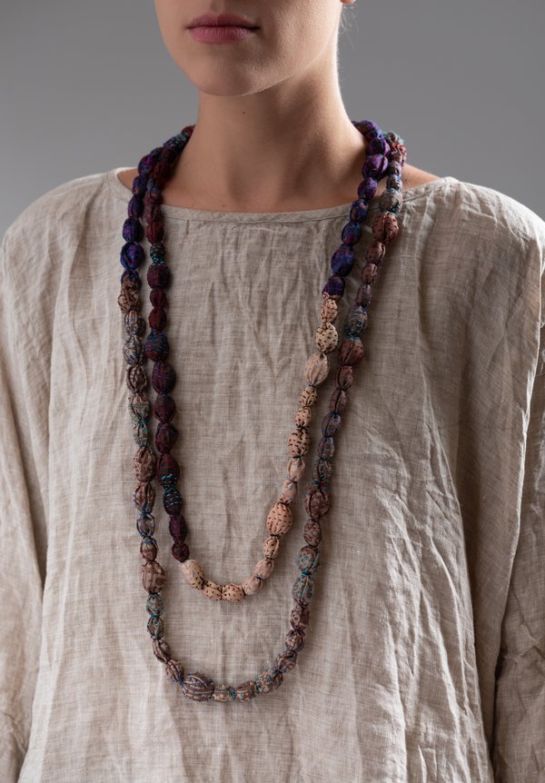 Mieko Mintz Vintage Silk Tie-Bead Necklace in Natural / Purple	
