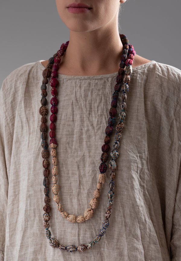 Mieko Mintz Vintage Silk Tie-Bead Necklace in Natural / Pink	