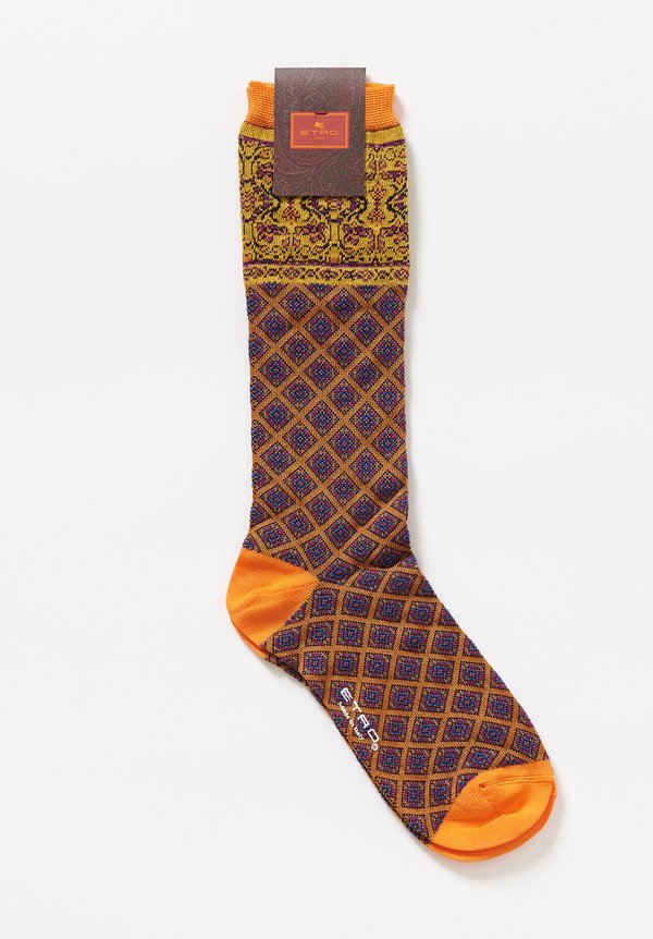 Etro Diamond Paisely Socks in Orange	