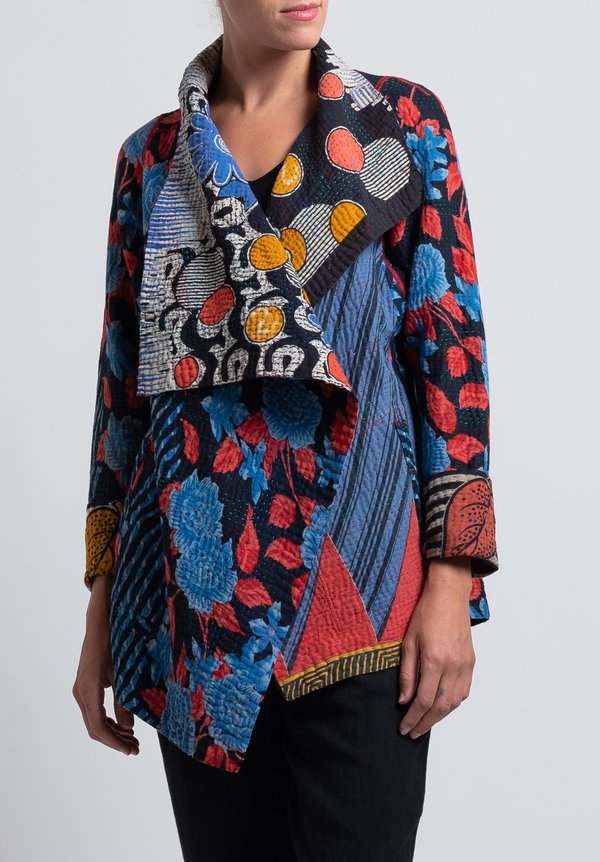 Mieko Mintz 4-Layer Vintage Cotton Drape Collar Jacket in Blue/ Coral	