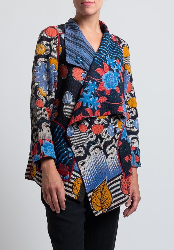 Mieko Mintz 4-Layer Vintage Cotton Drape Collar Jacket in Blue/ Coral	