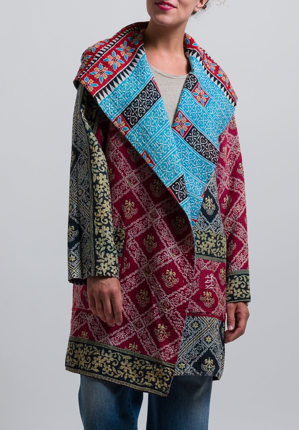 Mieko Mintz 4-Layer Hooded Coat in Red/ Aqua	