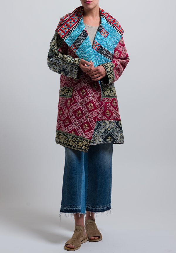 Mieko Mintz 4-Layer Hooded Coat in Red/ Aqua	