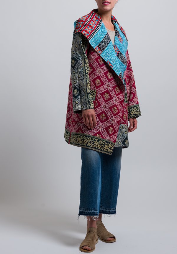 Mieko Mintz 4-Layer Hooded Coat in Red/ Aqua	