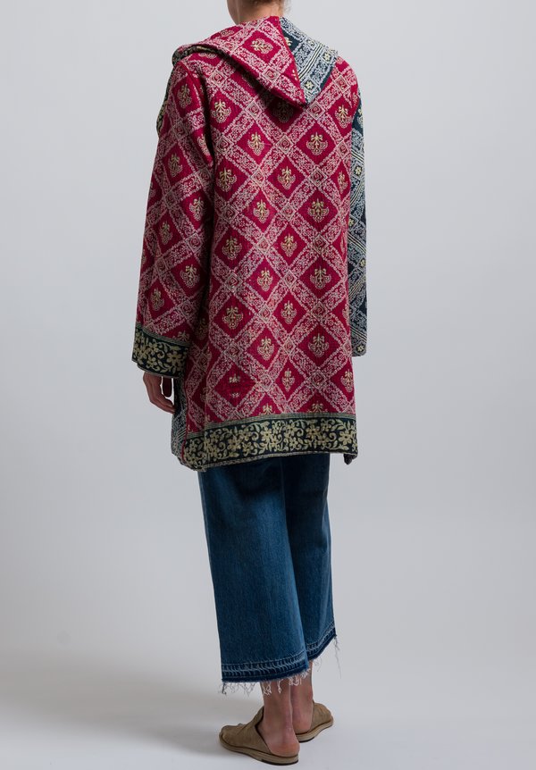 Mieko Mintz 4-Layer Hooded Coat in Red/ Aqua	