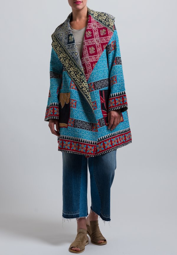 Mieko Mintz 4-Layer Hooded Coat in Red/ Aqua	