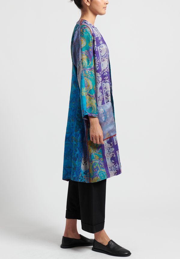 	Mieko Mintz 2-Layer Vintage Silk Crew Neck Coat in Teal/ Purple