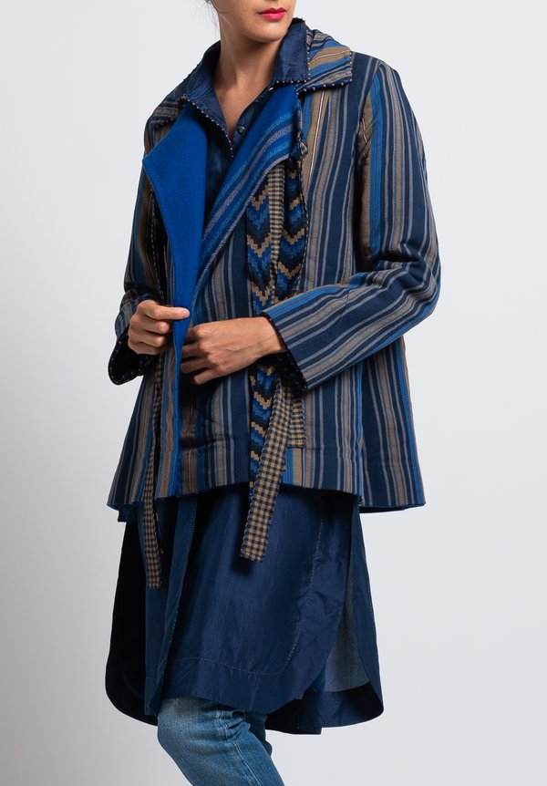 Péro Reversible Wool/ Cotton Coat in Cobalt/ Stripes	