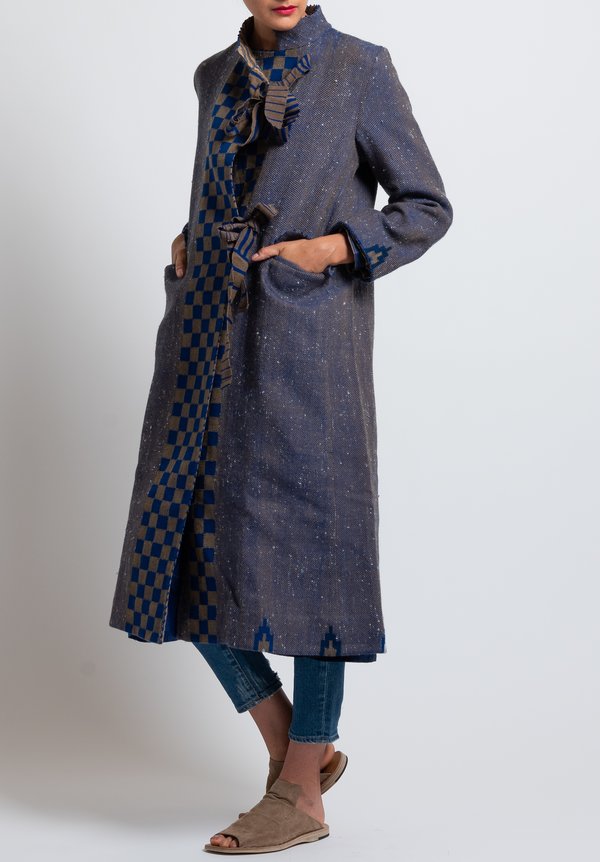 Péro Long Wool/ Linen Reversible Coat in Blue/ Tan	