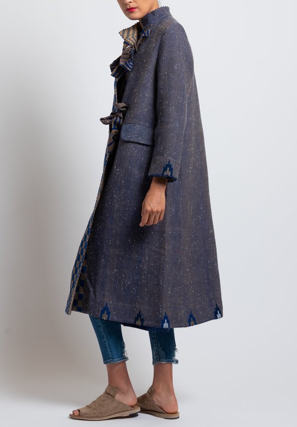Péro Long Wool/ Linen Reversible Coat in Blue/ Tan	