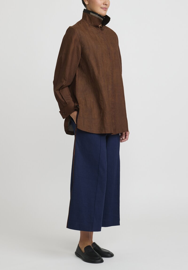 Sophie Hong Silk Jacquard Pearl Collar Relaxed Shirt in Coffee	