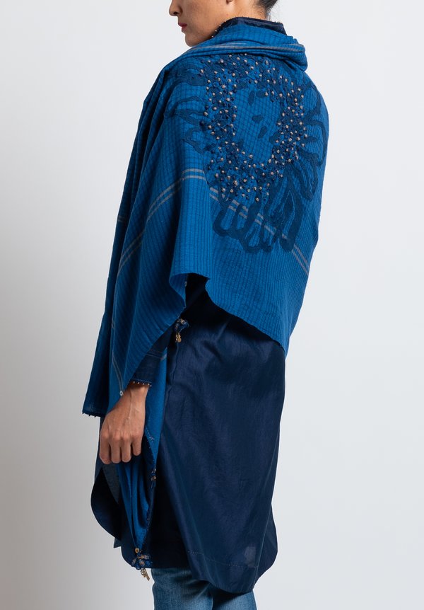 Pero Embroidered Flower Lungi Scarf in Blue	