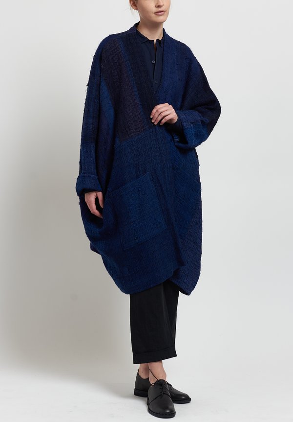 Kaval Japanese Vintage Silk Woven Haori Big Coat in Indigo