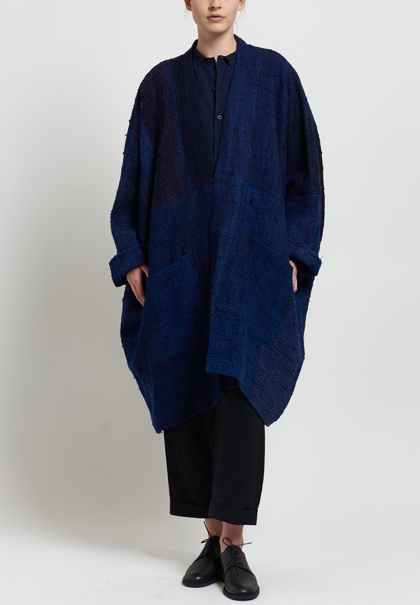 Kaval Japanese Vintage Silk Woven Haori Big Coat in Indigo