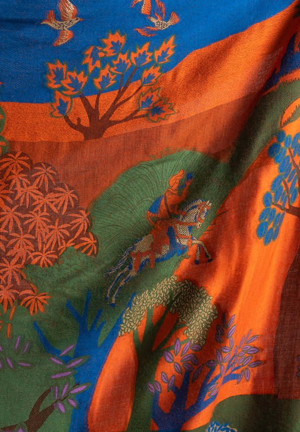 Etro Historic Landscape Tapestry Inspired Shawl in Orange / Blue	