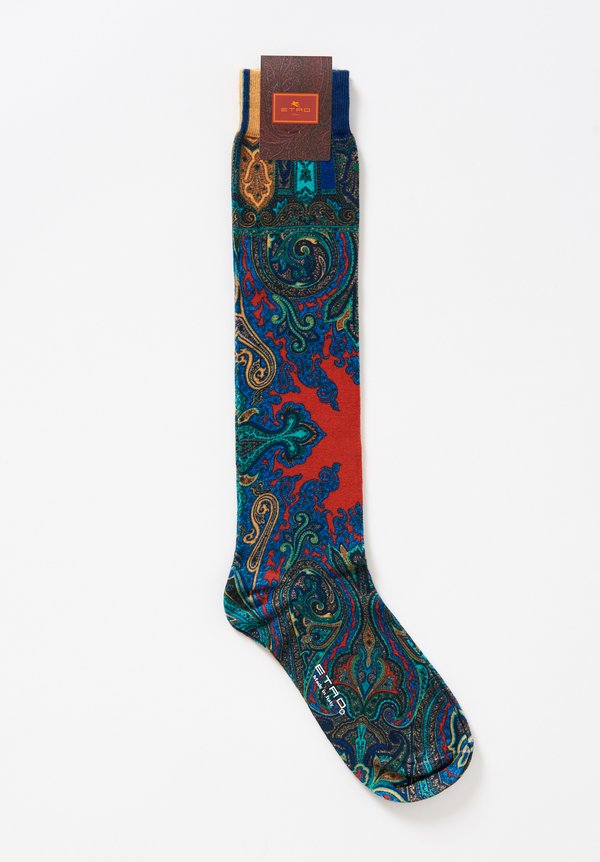 Etro Knee-High Paisley Socks in Teal / Red	