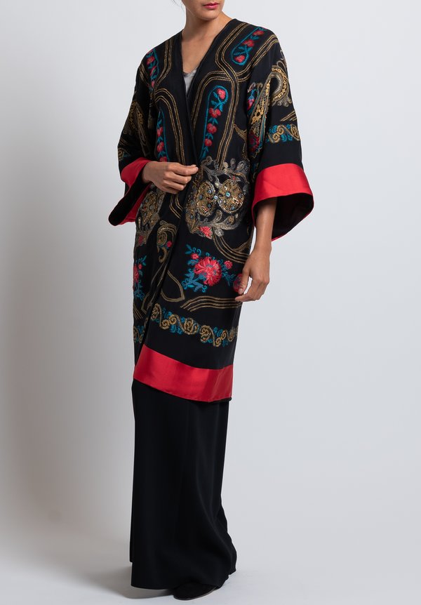 Etro Metallic Floral Embroidered Duster in Black	