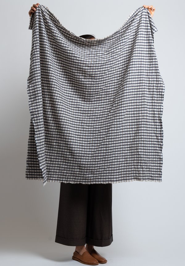Daniela Gregis Washed Cashmere Plaid Shawl in Natural / Navy Blue	