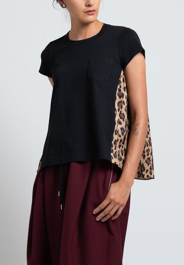 Sacai Printed Back Cotton/ Satin T-Shirt in Beige Leopard	